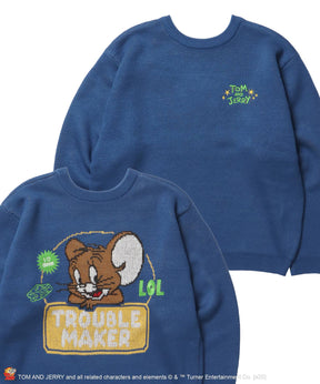 TJ TROUBLE MAKER KNIT / トムとジェリー ニット 刺繍 ジャカード クルーネック リバーシブル ブルー
