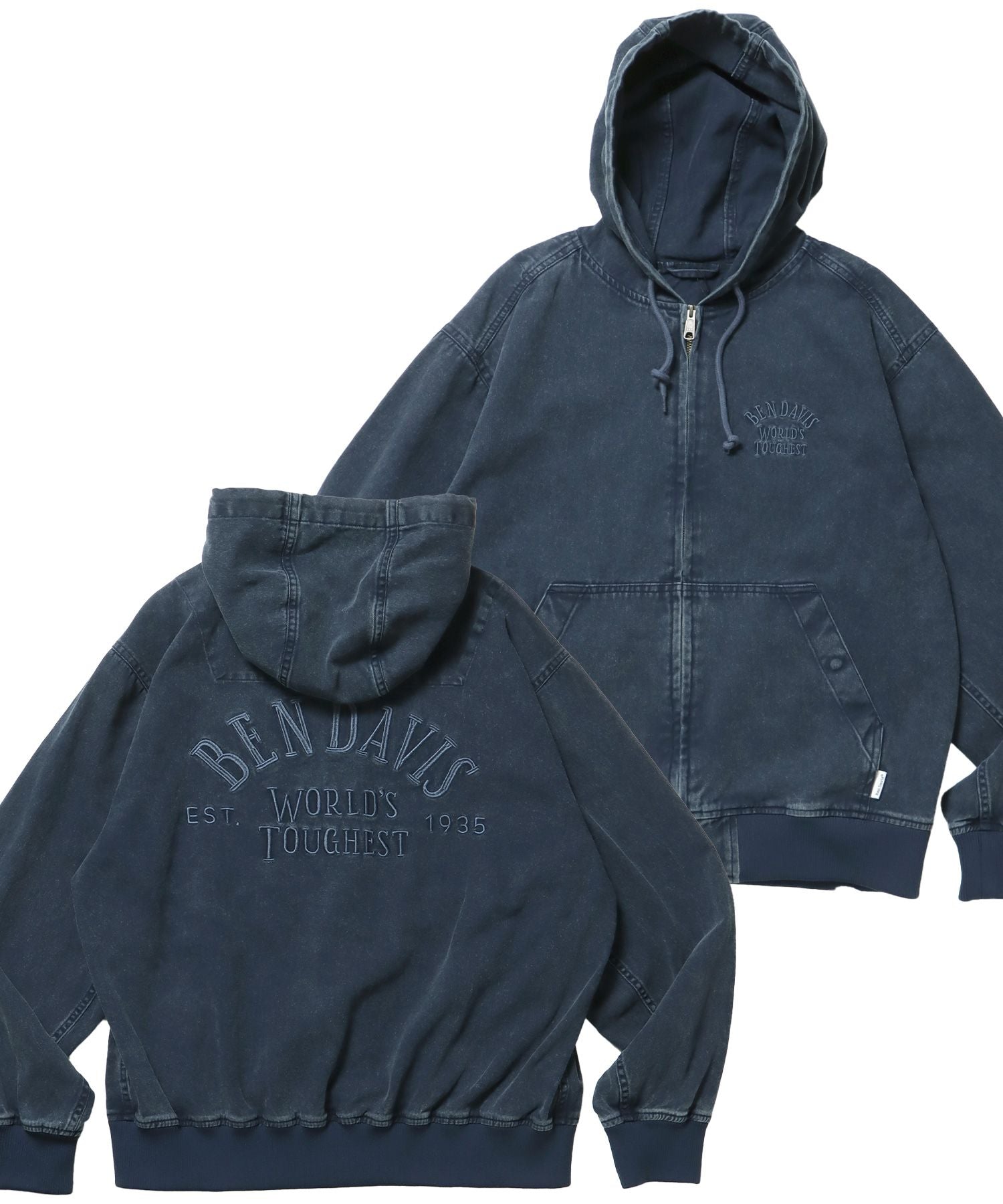 【BEN DAVIS(ベンデイビス)】BLEACHED TWILL ZIP HOODIE /パーカー ジップパーカー ダブルジップ 短丈 刺繍 ネイビー