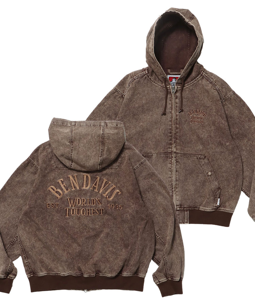【BEN DAVIS(ベンデイビス)】 BLEACHED TWILL ZIP HOODIE /パーカー ジップパーカー ダブルジップ 短丈 刺繍 ブラウン