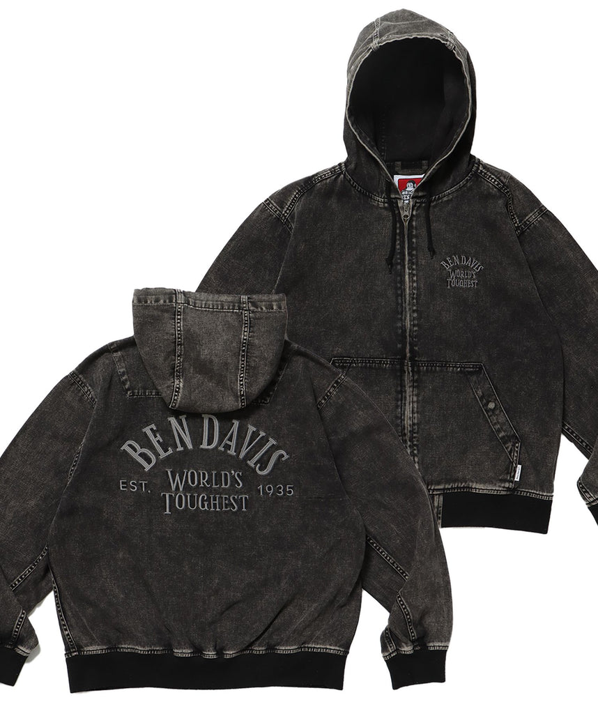 【BEN DAVIS(ベンデイビス)】 BLEACHED TWILL ZIP HOODIE /パーカー ジップパーカー ダブルジップ 短丈 刺繍 チャコール