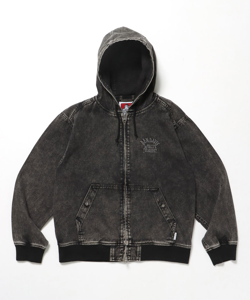 【BEN DAVIS(ベンデイビス)】 BLEACHED TWILL ZIP HOODIE /パーカー ジップパーカー ダブルジップ 短丈 刺繍 チャコール