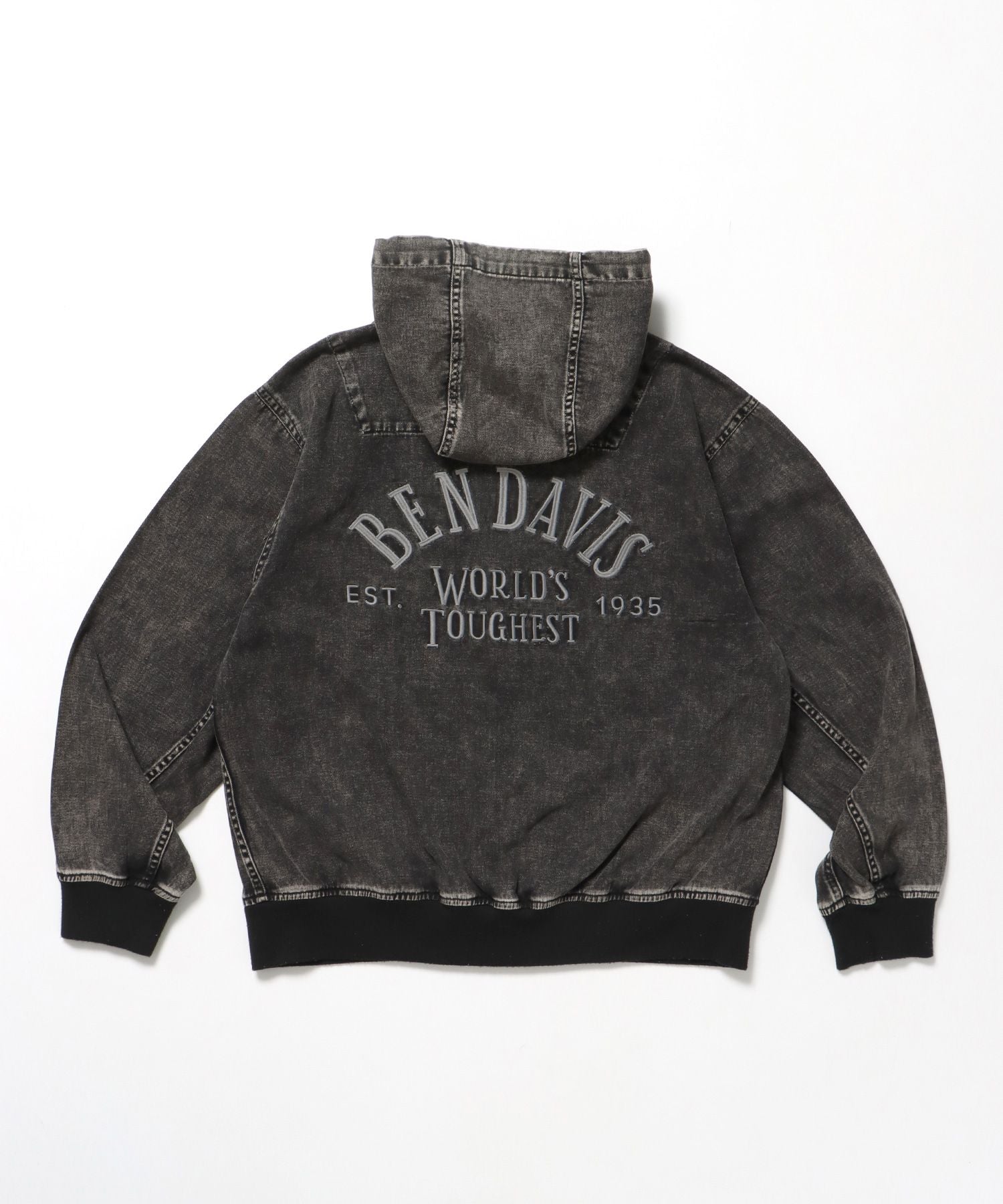 【BEN DAVIS(ベンデイビス)】 BLEACHED TWILL ZIP HOODIE /パーカー ジップパーカー ダブルジップ 短丈 刺繍 チャコール