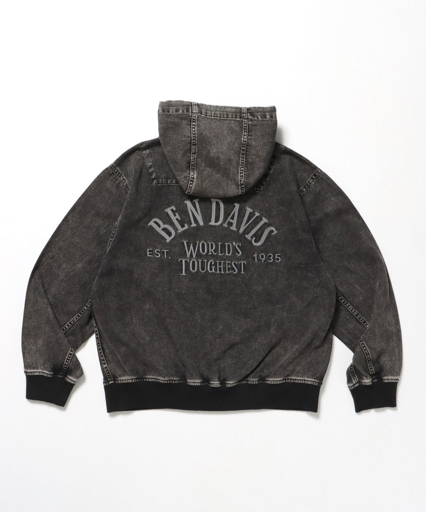 【BEN DAVIS(ベンデイビス)】 BLEACHED TWILL ZIP HOODIE /パーカー ジップパーカー ダブルジップ 短丈 刺繍 チャコール