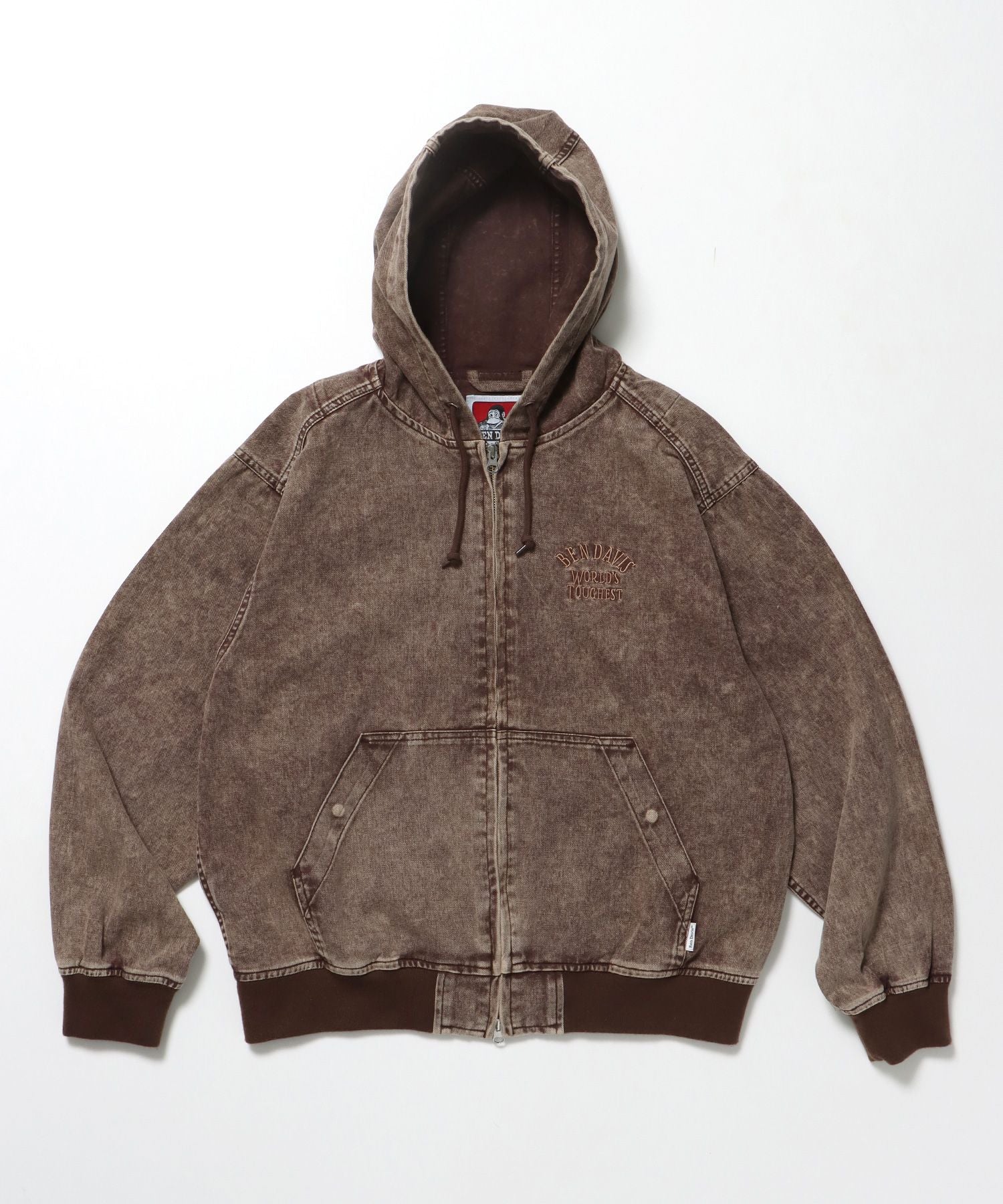 【BEN DAVIS(ベンデイビス)】 BLEACHED TWILL ZIP HOODIE /パーカー ジップパーカー ダブルジップ 短丈 刺繍 ブラウン