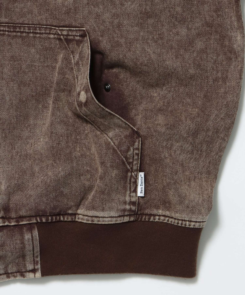 BLEACHED TWILL ZIP HOODIE /パーカー ジップパーカー ダブルジップ 短丈 刺繍 ブラウン