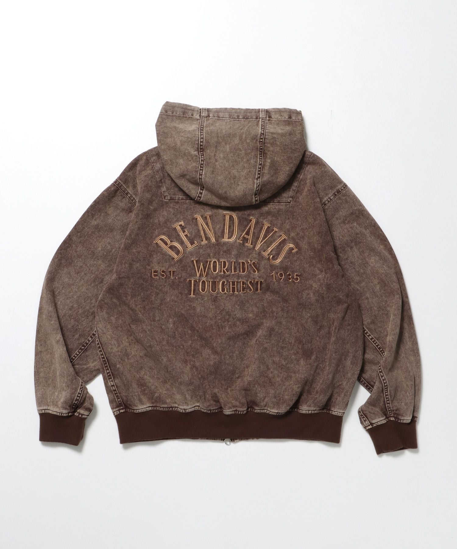 【BEN DAVIS(ベンデイビス)】 BLEACHED TWILL ZIP HOODIE /パーカー ジップパーカー ダブルジップ 短丈 刺繍 ブラウン