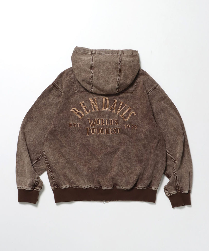 【BEN DAVIS(ベンデイビス)】 BLEACHED TWILL ZIP HOODIE /パーカー ジップパーカー ダブルジップ 短丈 刺繍 ブラウン