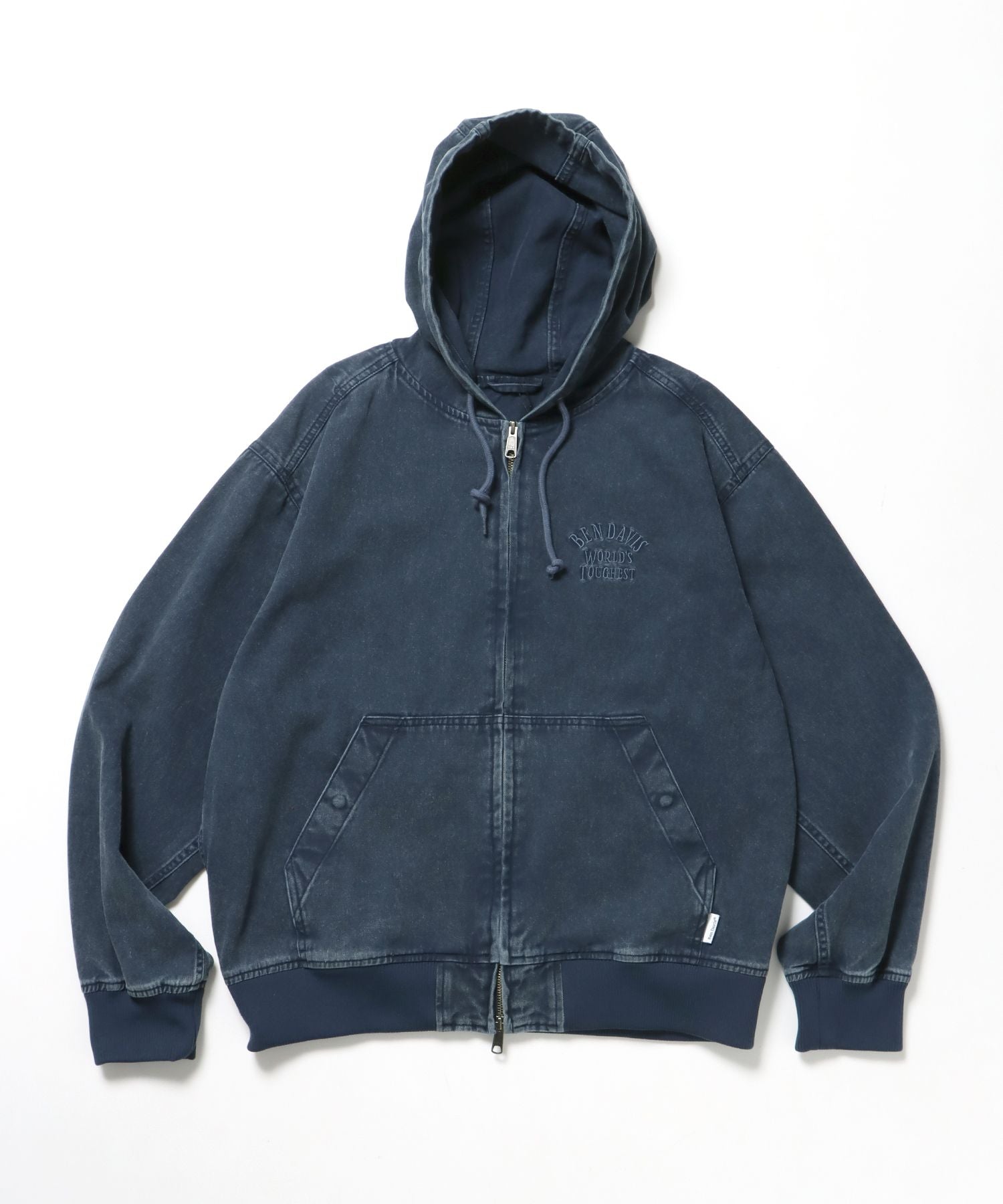 【BEN DAVIS(ベンデイビス)】BLEACHED TWILL ZIP HOODIE /パーカー ジップパーカー ダブルジップ 短丈 刺繍 ネイビー