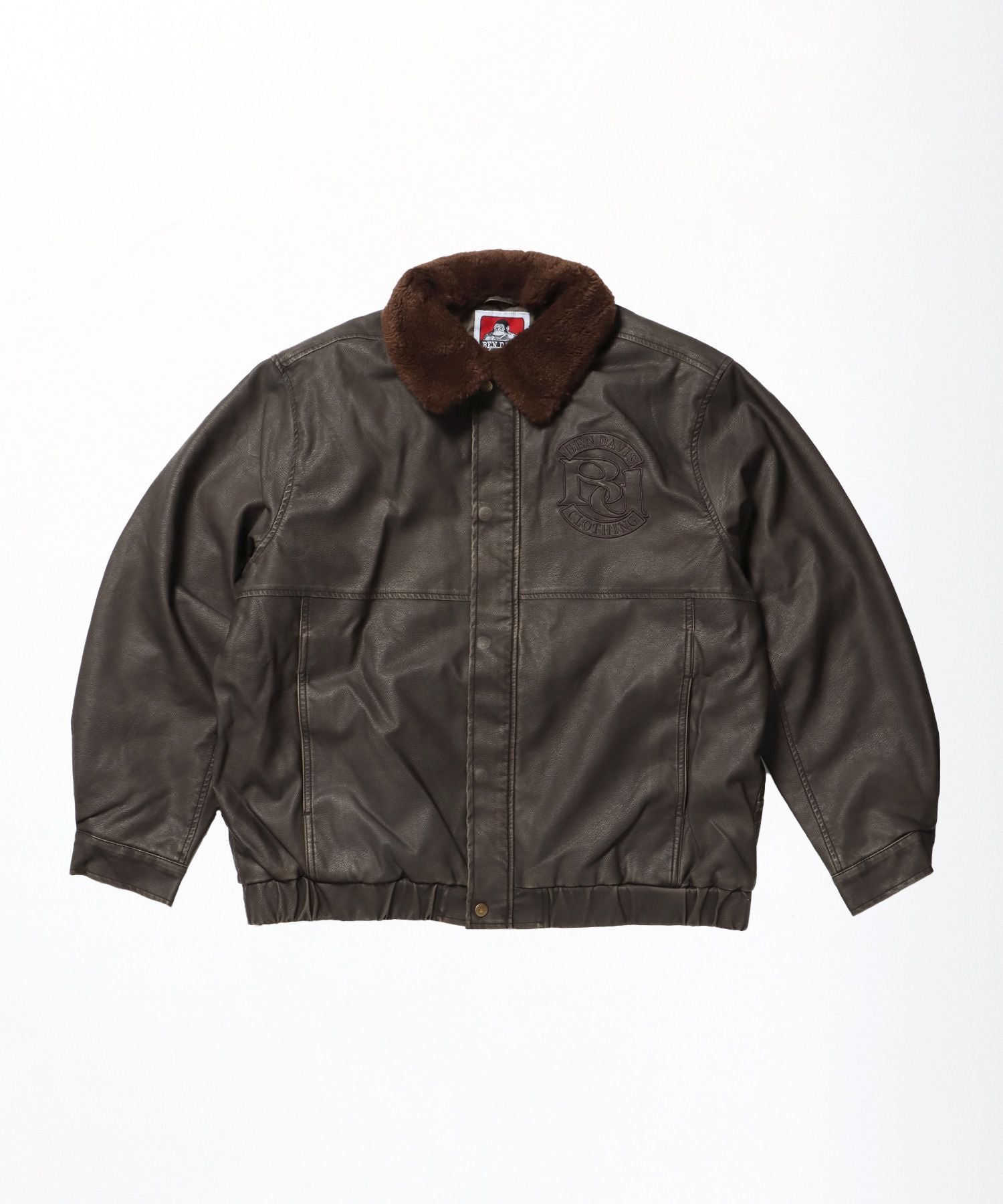 【BEN DAVIS(ベンデイビス)】REMOVAL BOA COLLAR FAUX LEATHER JACKET / フェイクレザー ジャケット ボア ジップ キルティング ワッペン ブラウン