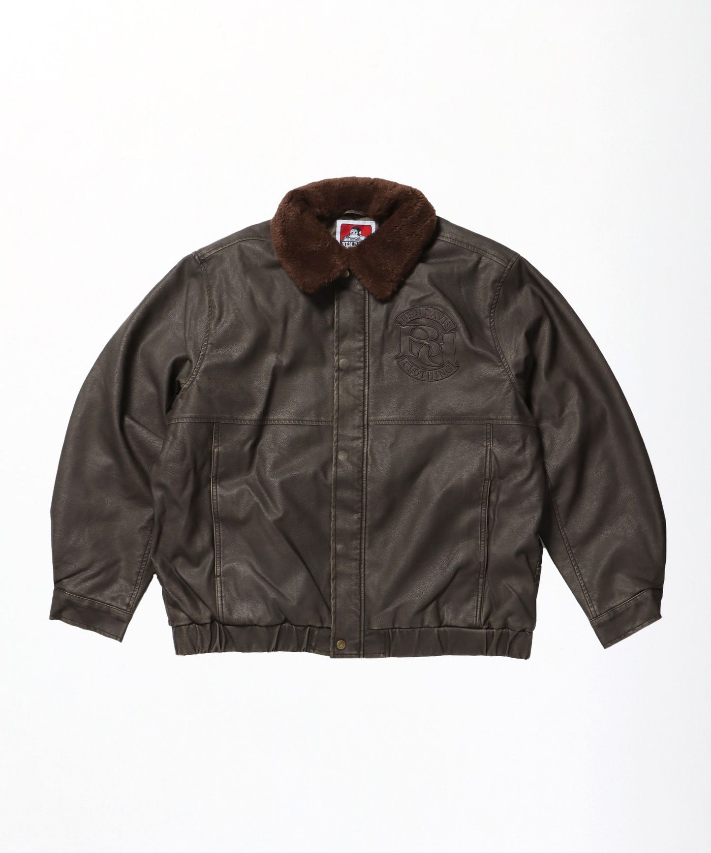 【BEN DAVIS(ベンデイビス)】REMOVAL BOA COLLAR FAUX LEATHER JACKET / フェイクレザー ジャケット ボア ジップ キルティング ワッペン ブラウン