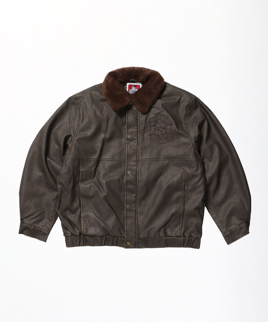 【BEN DAVIS(ベンデイビス)】REMOVAL BOA COLLAR FAUX LEATHER JACKET / フェイクレザー ジャケット ボア ジップ キルティング ワッペン ブラウン
