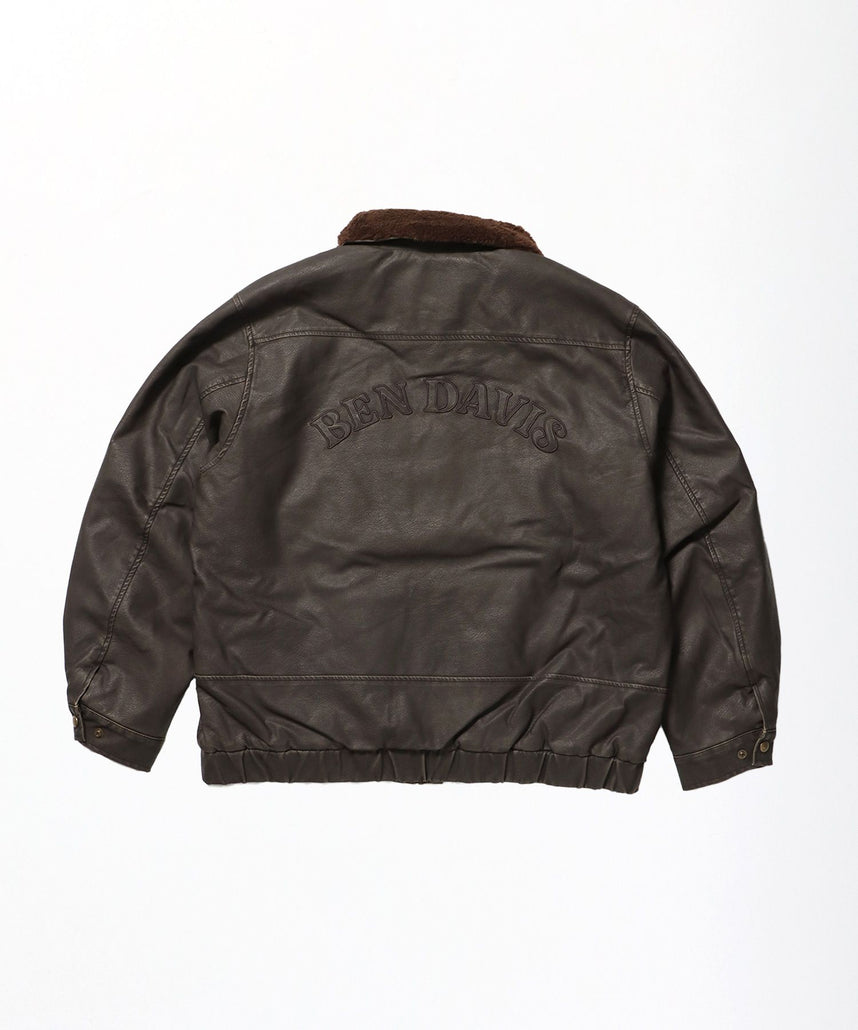 【BEN DAVIS(ベンデイビス)】REMOVAL BOA COLLAR FAUX LEATHER JACKET / フェイクレザー ジャケット ボア ジップ キルティング ワッペン ブラウン
