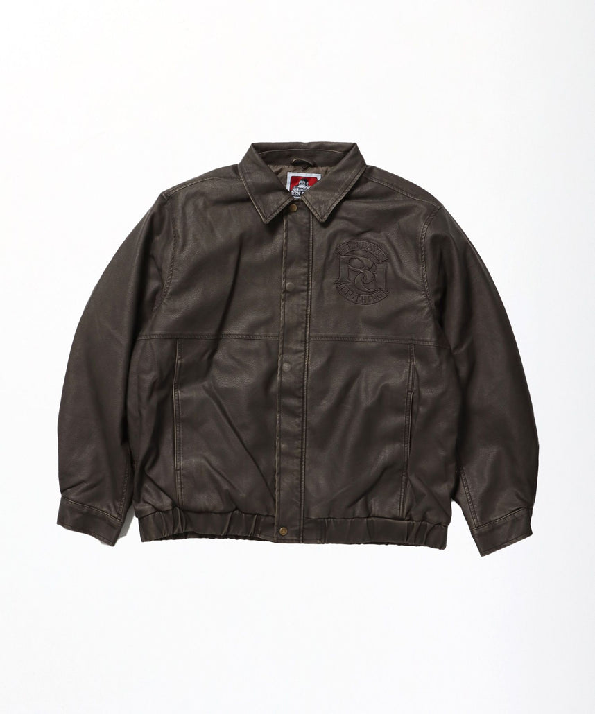 【BEN DAVIS(ベンデイビス)】REMOVAL BOA COLLAR FAUX LEATHER JACKET / フェイクレザー ジャケット ボア ジップ キルティング ワッペン ブラウン