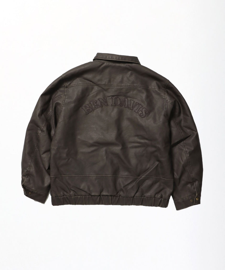 【BEN DAVIS(ベンデイビス)】REMOVAL BOA COLLAR FAUX LEATHER JACKET / フェイクレザー ジャケット ボア ジップ キルティング ワッペン ブラウン