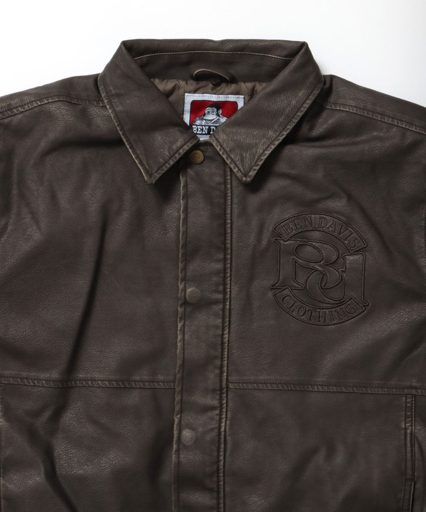 REMOVAL BOA COLLAR FAUX LEATHER JACKET / フェイクレザー ジャケット ボア ジップ キルティング ワッペン ブラウン