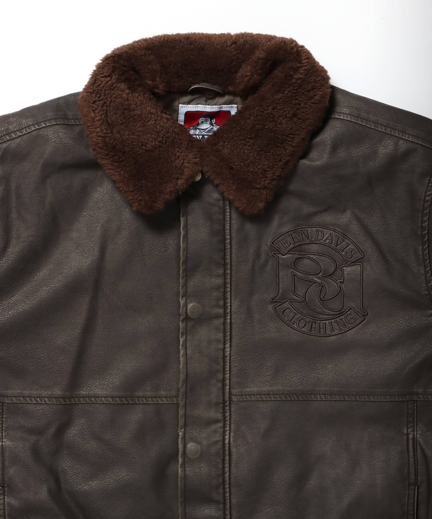 REMOVAL BOA COLLAR FAUX LEATHER JACKET / フェイクレザー ジャケット ボア ジップ キルティング ワッペン ブラウン