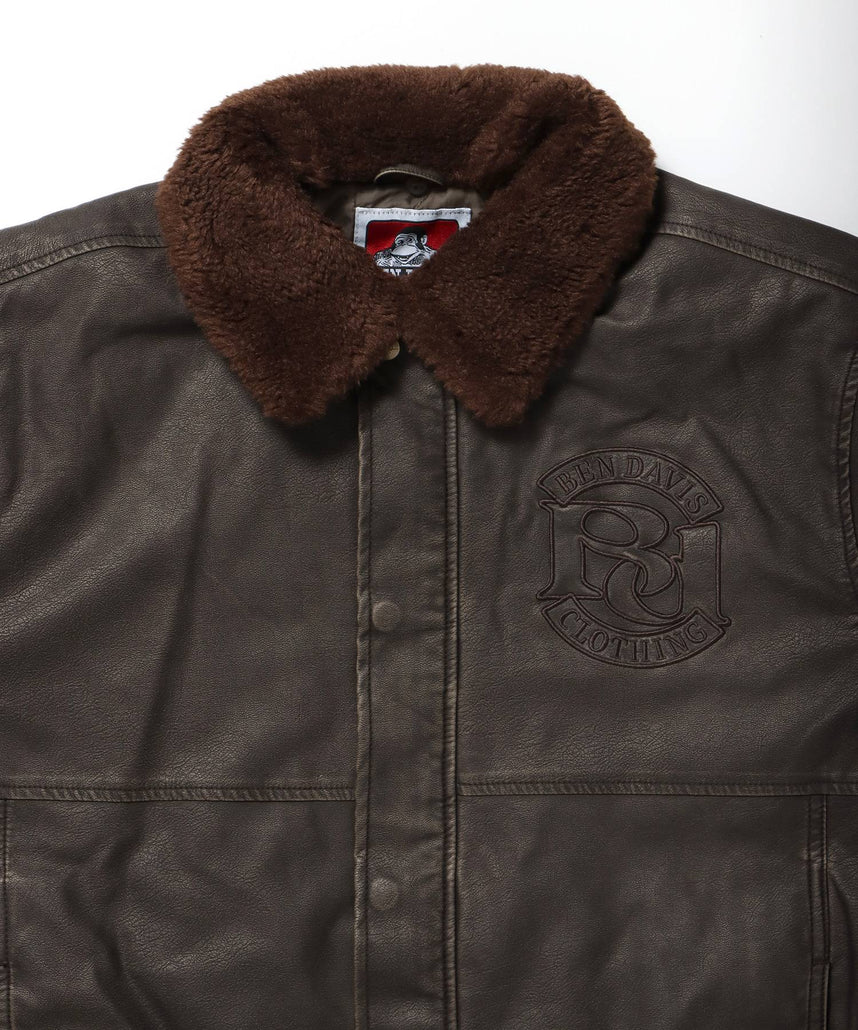 REMOVAL BOA COLLAR FAUX LEATHER JACKET / フェイクレザー ジャケット ボア ジップ キルティング ワッペン ブラウン