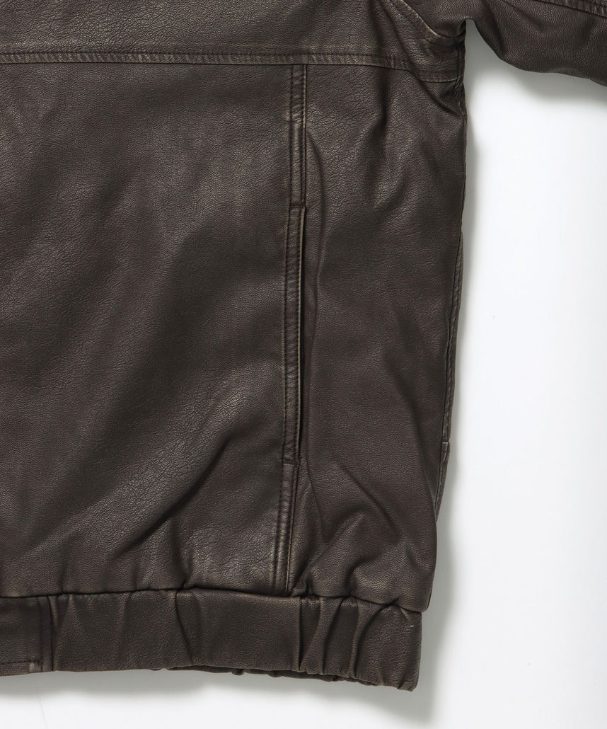 REMOVAL BOA COLLAR FAUX LEATHER JACKET / フェイクレザー ジャケット ボア ジップ キルティング ワッペン ブラウン