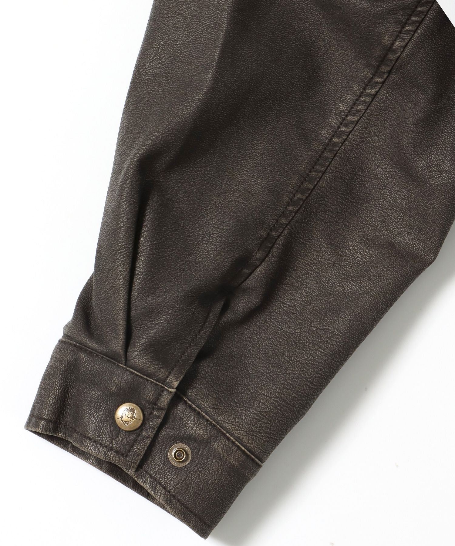 REMOVAL BOA COLLAR FAUX LEATHER JACKET / フェイクレザー ジャケット ボア ジップ キルティング ワッペン ブラウン