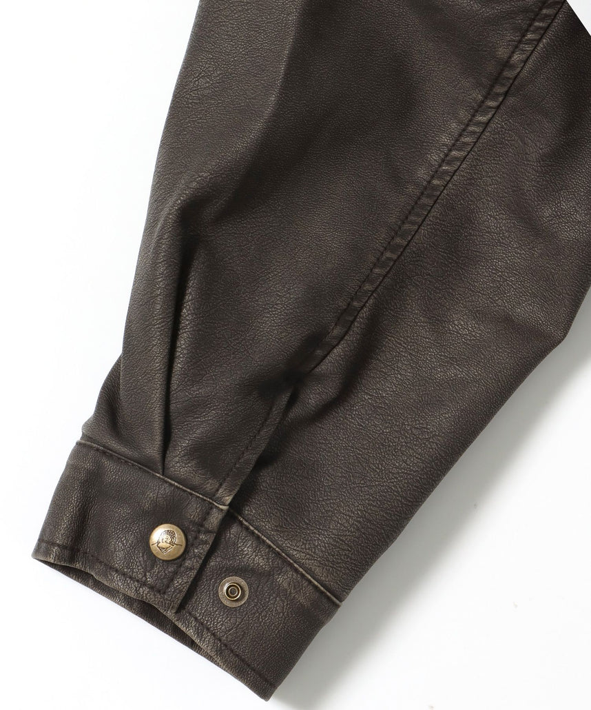 REMOVAL BOA COLLAR FAUX LEATHER JACKET / フェイクレザー ジャケット ボア ジップ キルティング ワッペン ブラウン