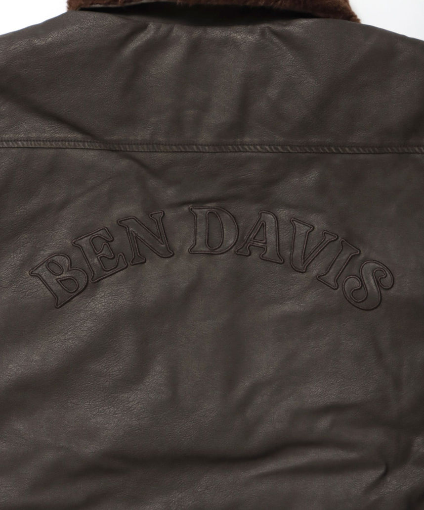 REMOVAL BOA COLLAR FAUX LEATHER JACKET / フェイクレザー ジャケット ボア ジップ キルティング ワッペン ブラウン