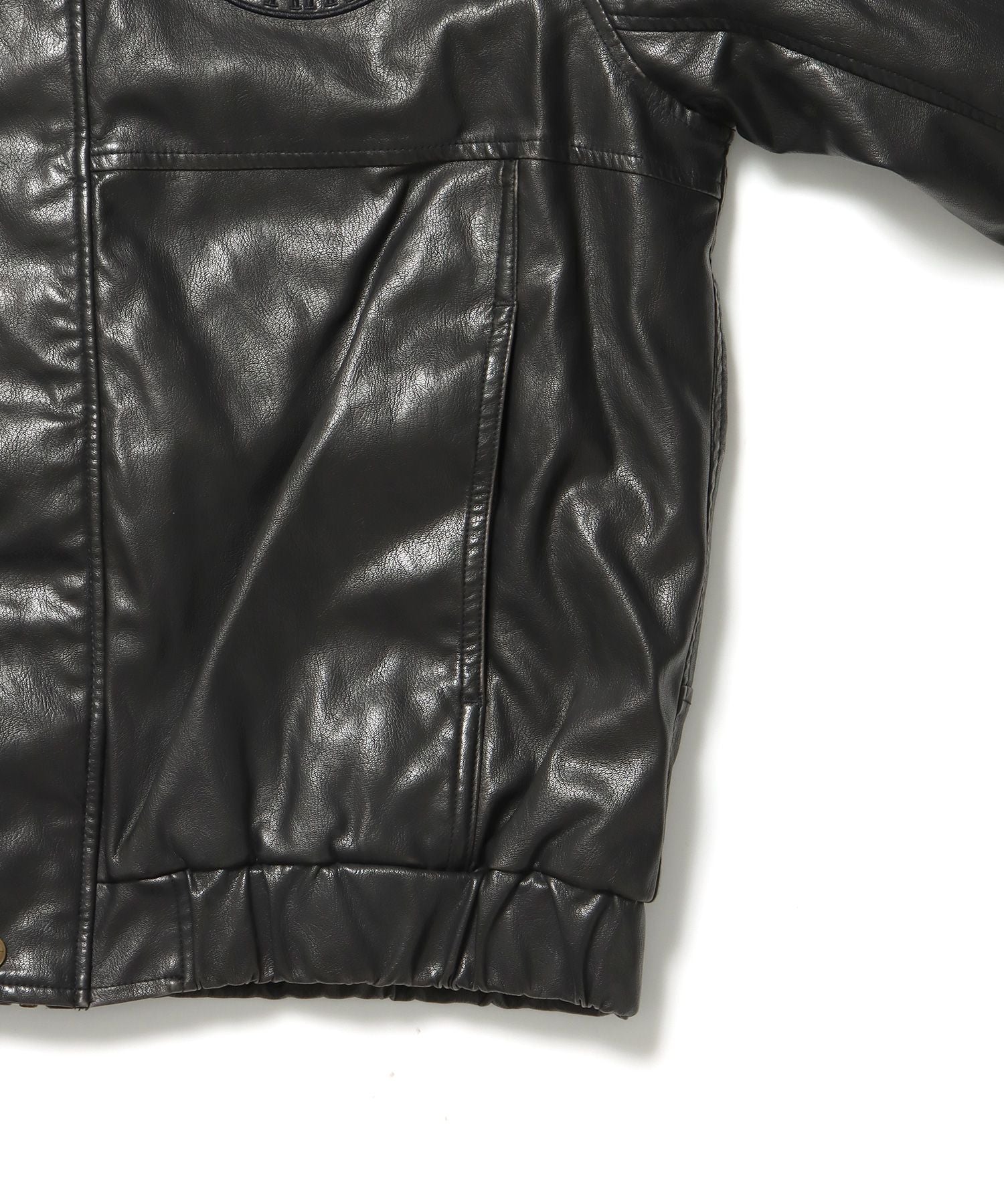 REMOVAL BOA COLLAR FAUX LEATHER JACKET / フェイクレザー ジャケット ボア ジップ キルティング ワッペン 柄80