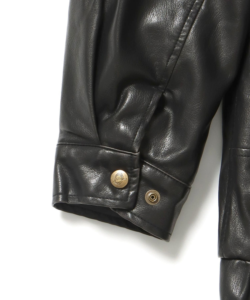 REMOVAL BOA COLLAR FAUX LEATHER JACKET / フェイクレザー ジャケット ボア ジップ キルティング ワッペン 柄80