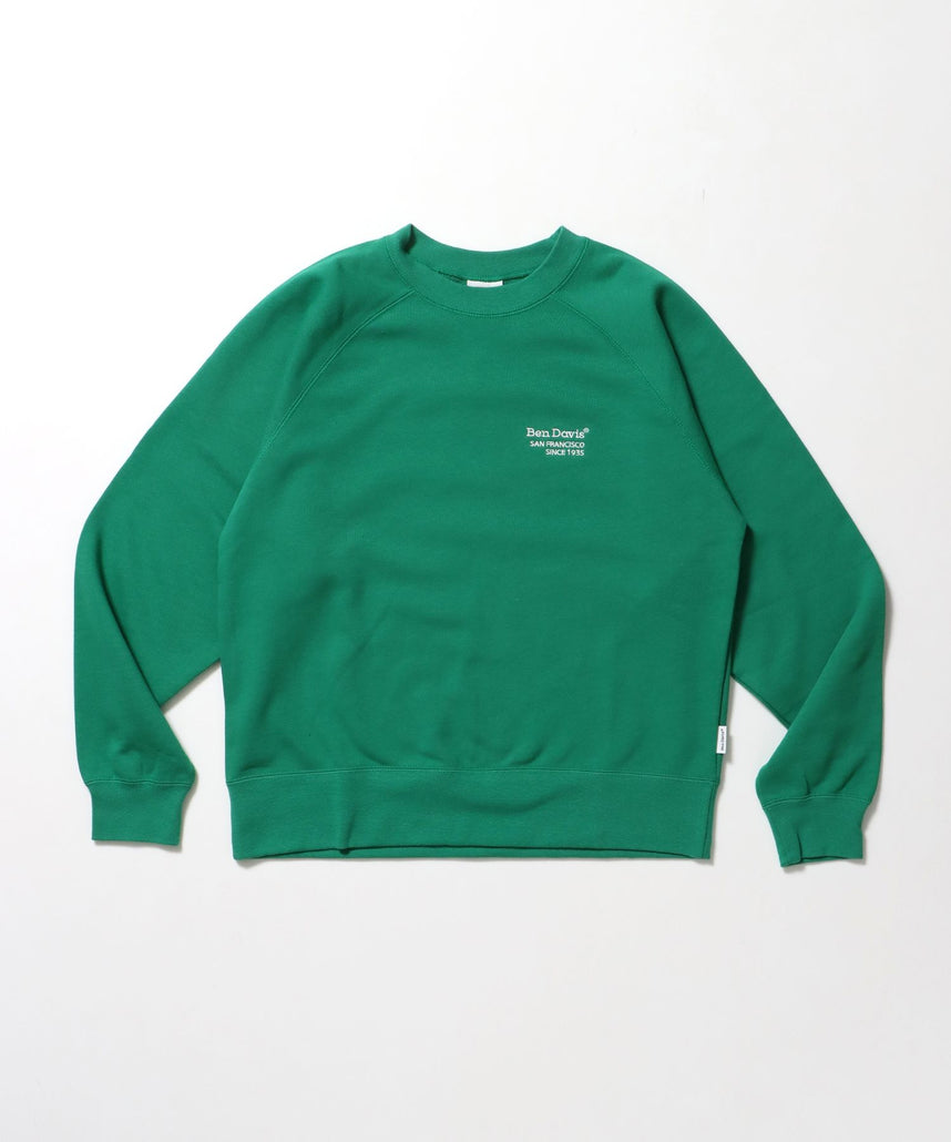【BEN DAVIS(ベンデイビス)】70’s FIT RAGLAN SWEATSHIRT / スウェット クルーネック 裏毛 刺繍 ラグラン 短丈 レギュラーサイズ グリーン