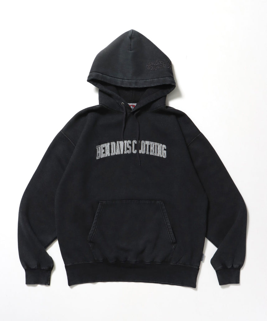 【BEN DAVIS(ベンデイビス)】ARCH LOGO FADED HOODIE / パーカー フーディ 加工 刺繍 裏起毛 ブラック