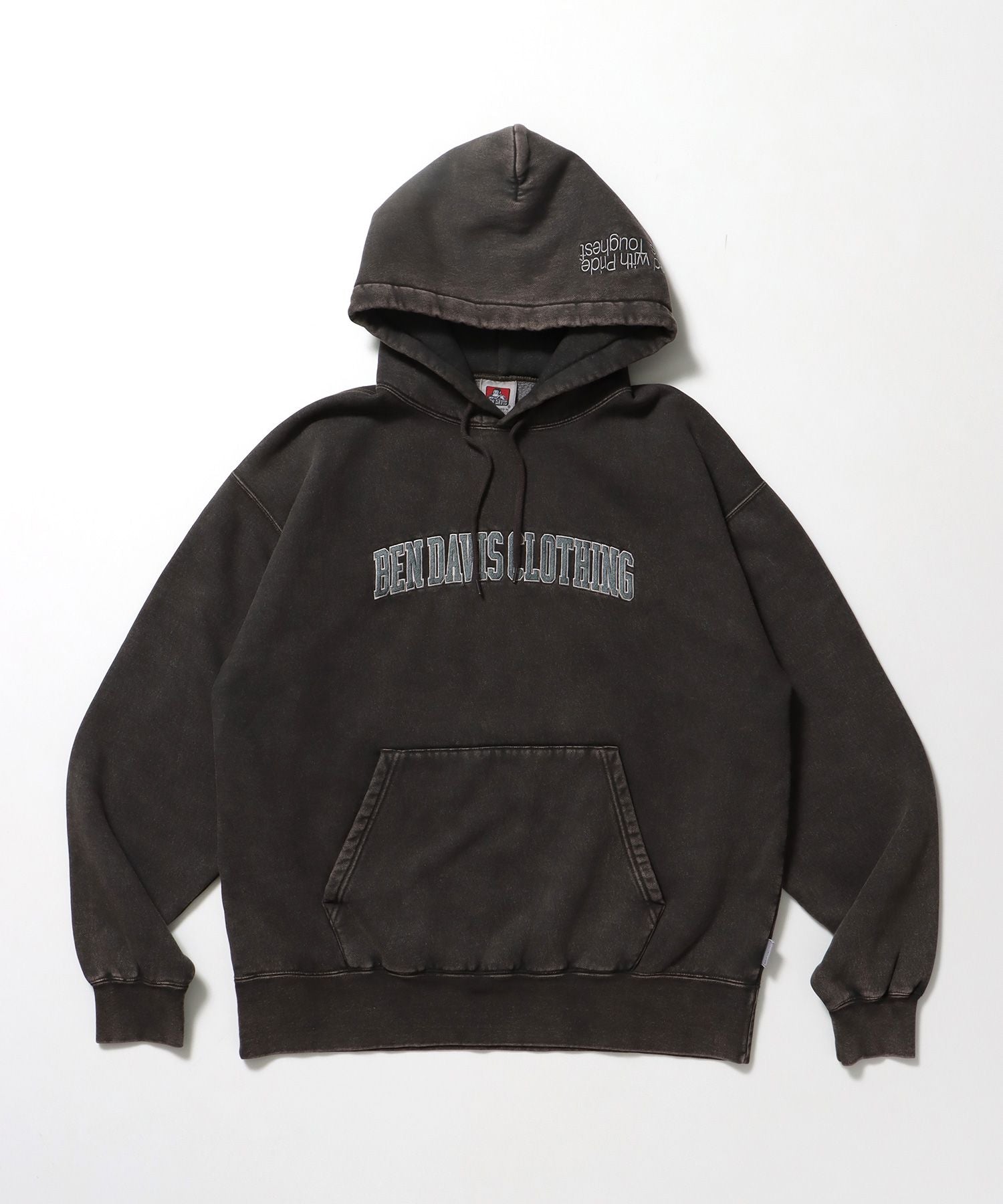 【BEN DAVIS(ベンデイビス)】ARCH LOGO FADED HOODIE / パーカー フーディ 加工 刺繍 裏起毛 ダークブラウン