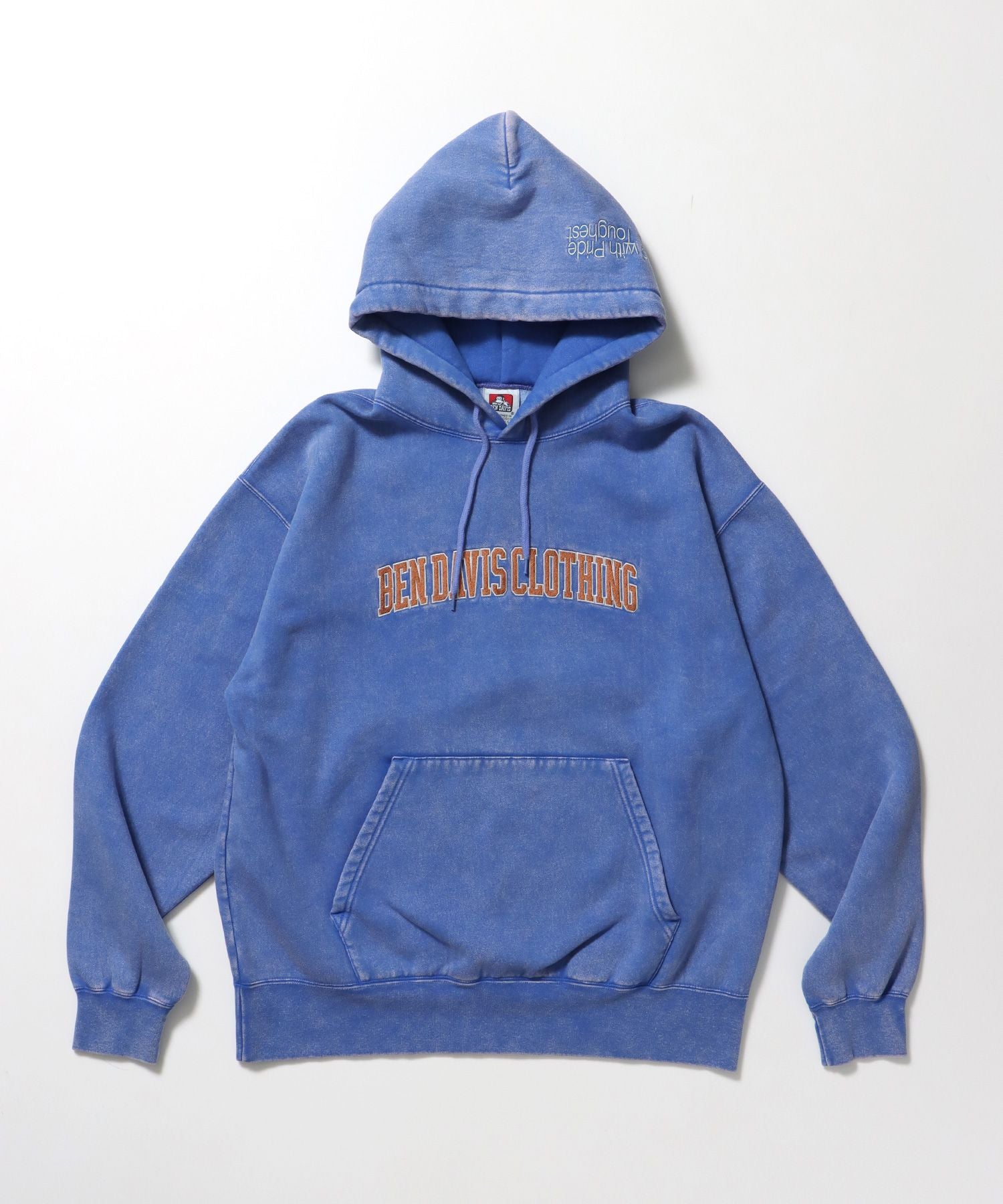 【BEN DAVIS(ベンデイビス)】ARCH LOGO FADED HOODIE / パーカー フーディ 加工 刺繍 裏起毛 ブルー