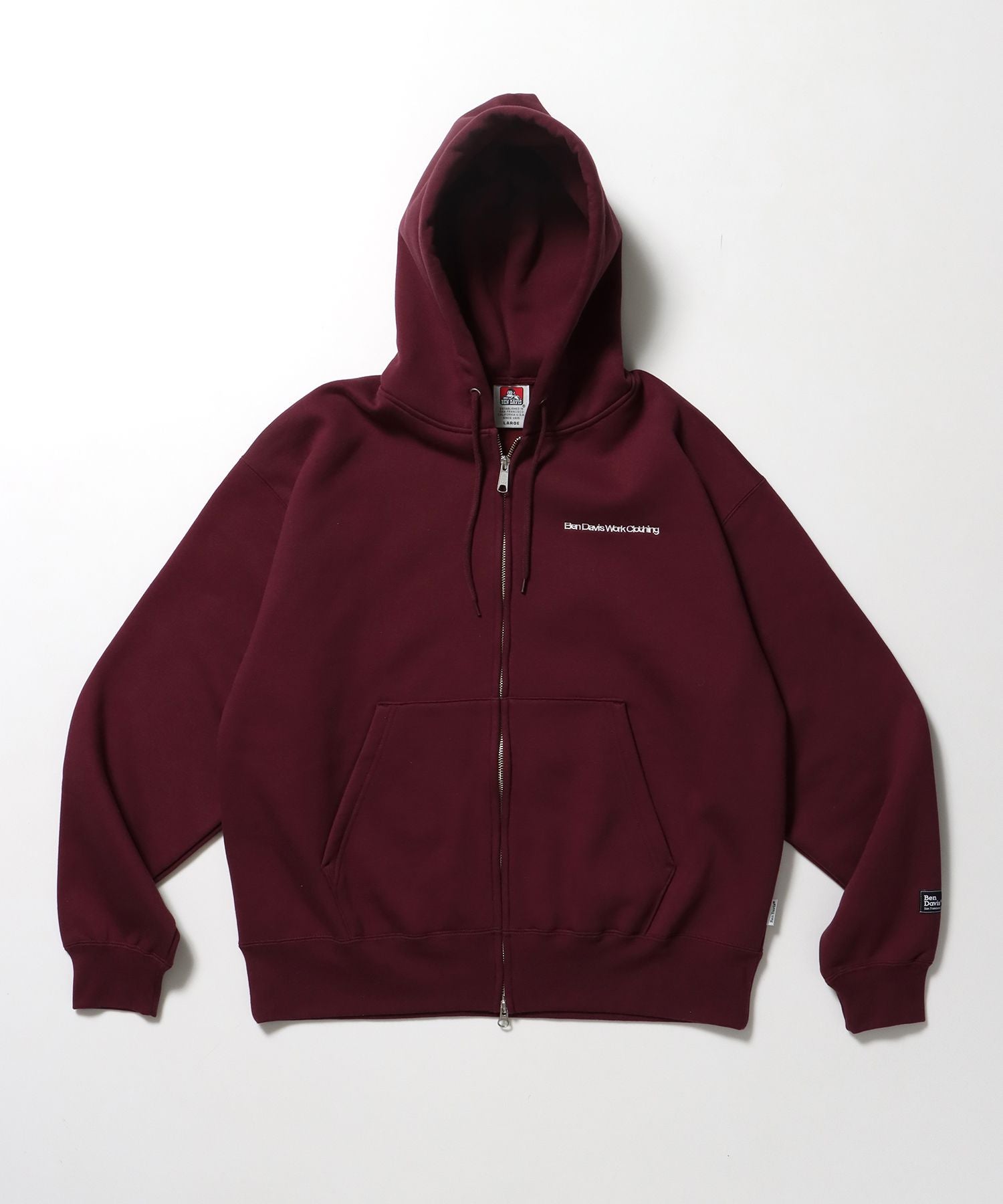 【BEN DAVIS(ベンデイビス)】HEAVY SWEAT ZIP HOODIE / パーカー ジップ ワンポイント 刺繍 裏起毛 バーガンディー