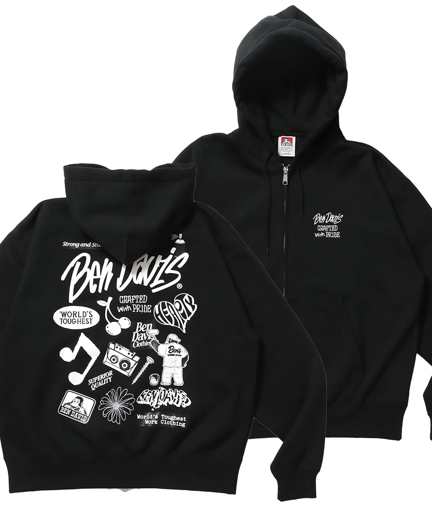 【BEN DAVIS(ベンデイビス)】SELECTION ZIP HOODIE /パーカー ジップパーカー ダブルジップ 短丈 刺繍 プリント ブラック