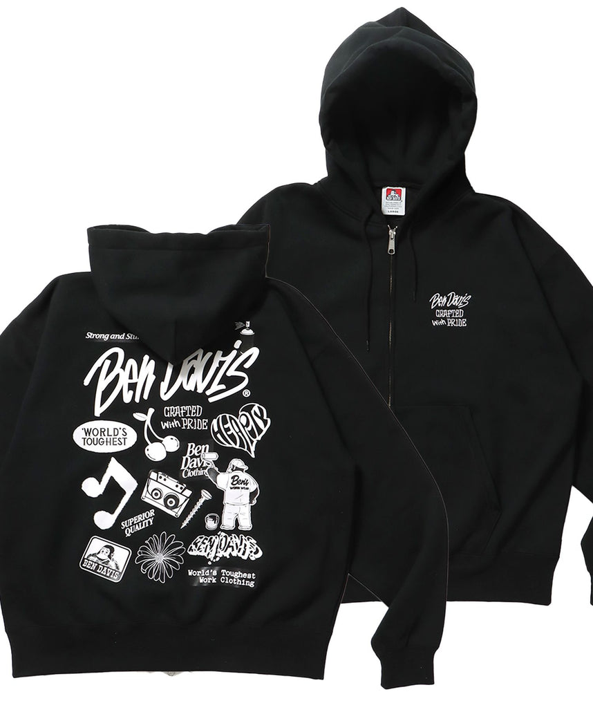 【BEN DAVIS(ベンデイビス)】SELECTION ZIP HOODIE /パーカー ジップパーカー ダブルジップ 短丈 刺繍 プリント ブラック