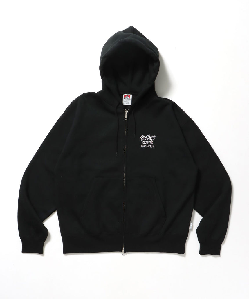 【BEN DAVIS(ベンデイビス)】SELECTION ZIP HOODIE /パーカー ジップパーカー ダブルジップ 短丈 刺繍 プリント ブラック