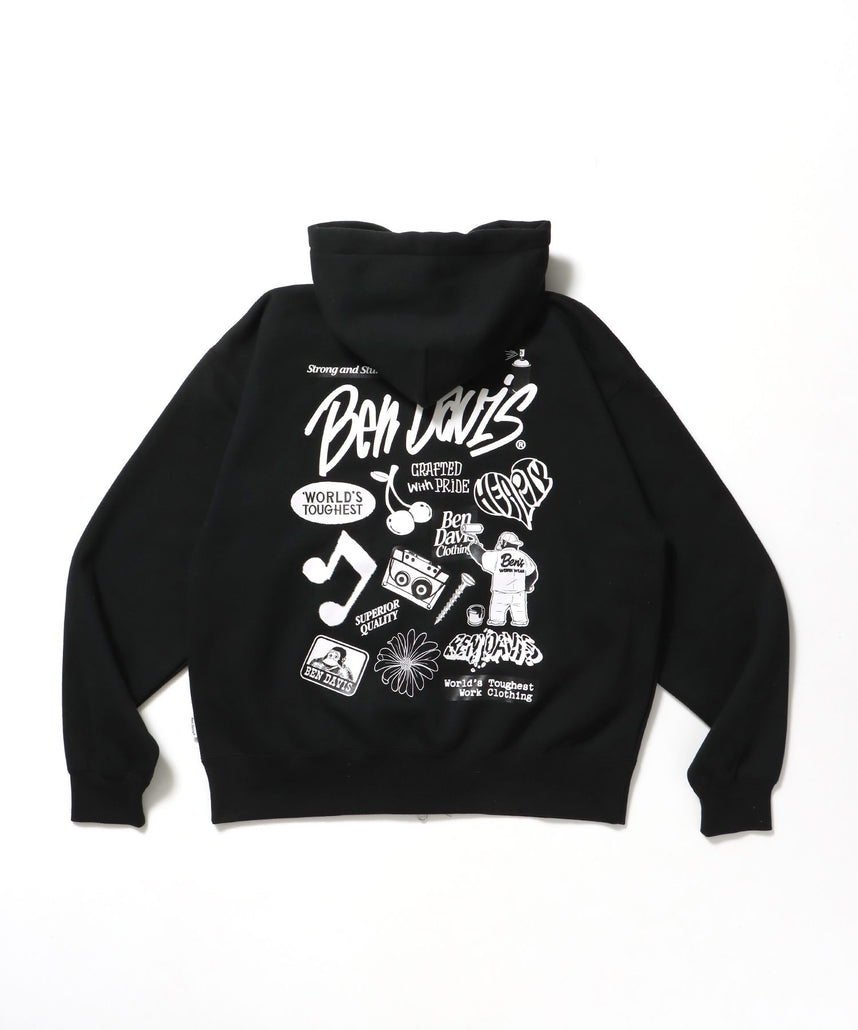 【BEN DAVIS(ベンデイビス)】SELECTION ZIP HOODIE /パーカー ジップパーカー ダブルジップ 短丈 刺繍 プリント ブラック