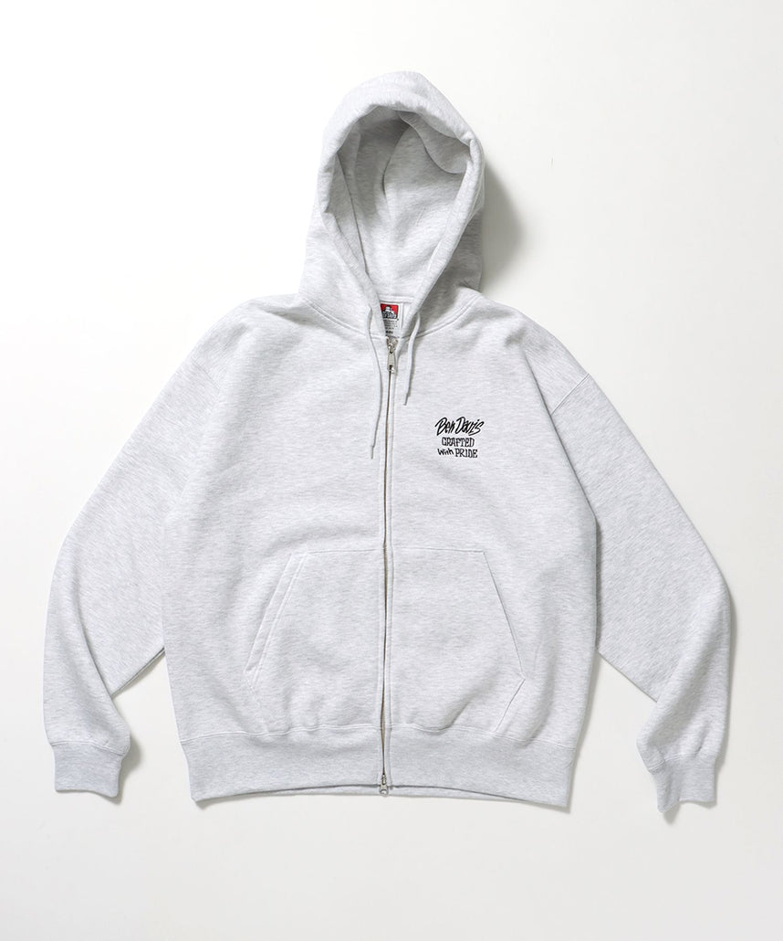 【BEN DAVIS(ベンデイビス)】SELECTION ZIP HOODIE /パーカー ジップパーカー ダブルジップ 短丈 刺繍 プリント アッシュグレー