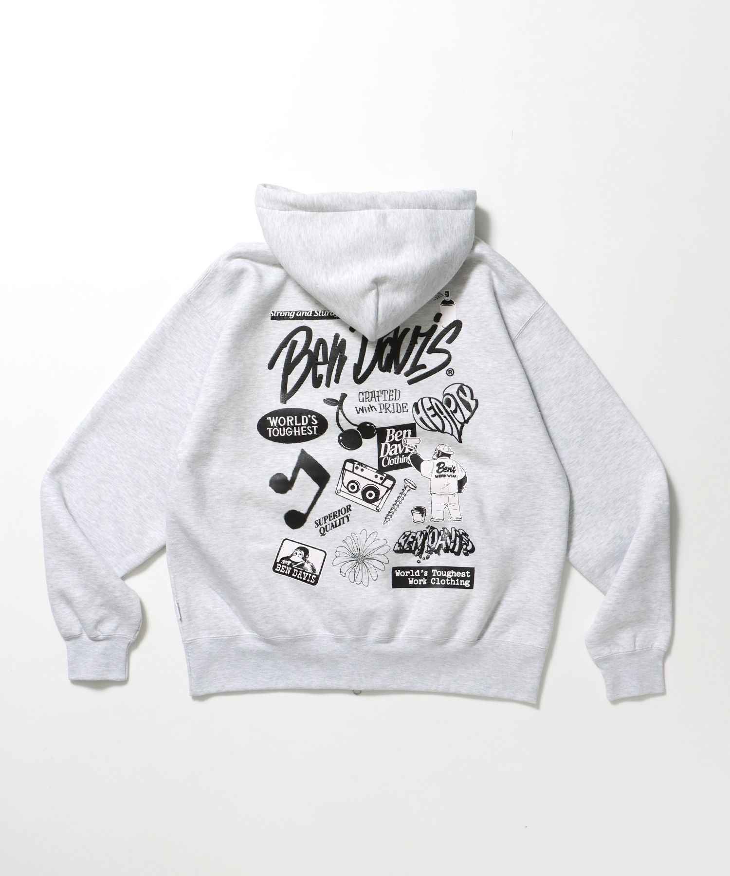 【BEN DAVIS(ベンデイビス)】SELECTION ZIP HOODIE /パーカー ジップパーカー ダブルジップ 短丈 刺繍 プリント アッシュグレー