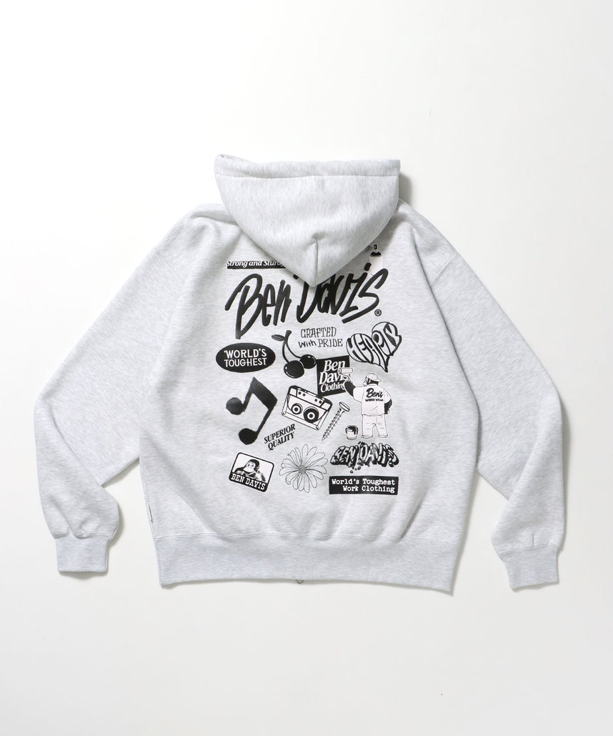 【BEN DAVIS(ベンデイビス)】SELECTION ZIP HOODIE /パーカー ジップパーカー ダブルジップ 短丈 刺繍 プリント アッシュグレー