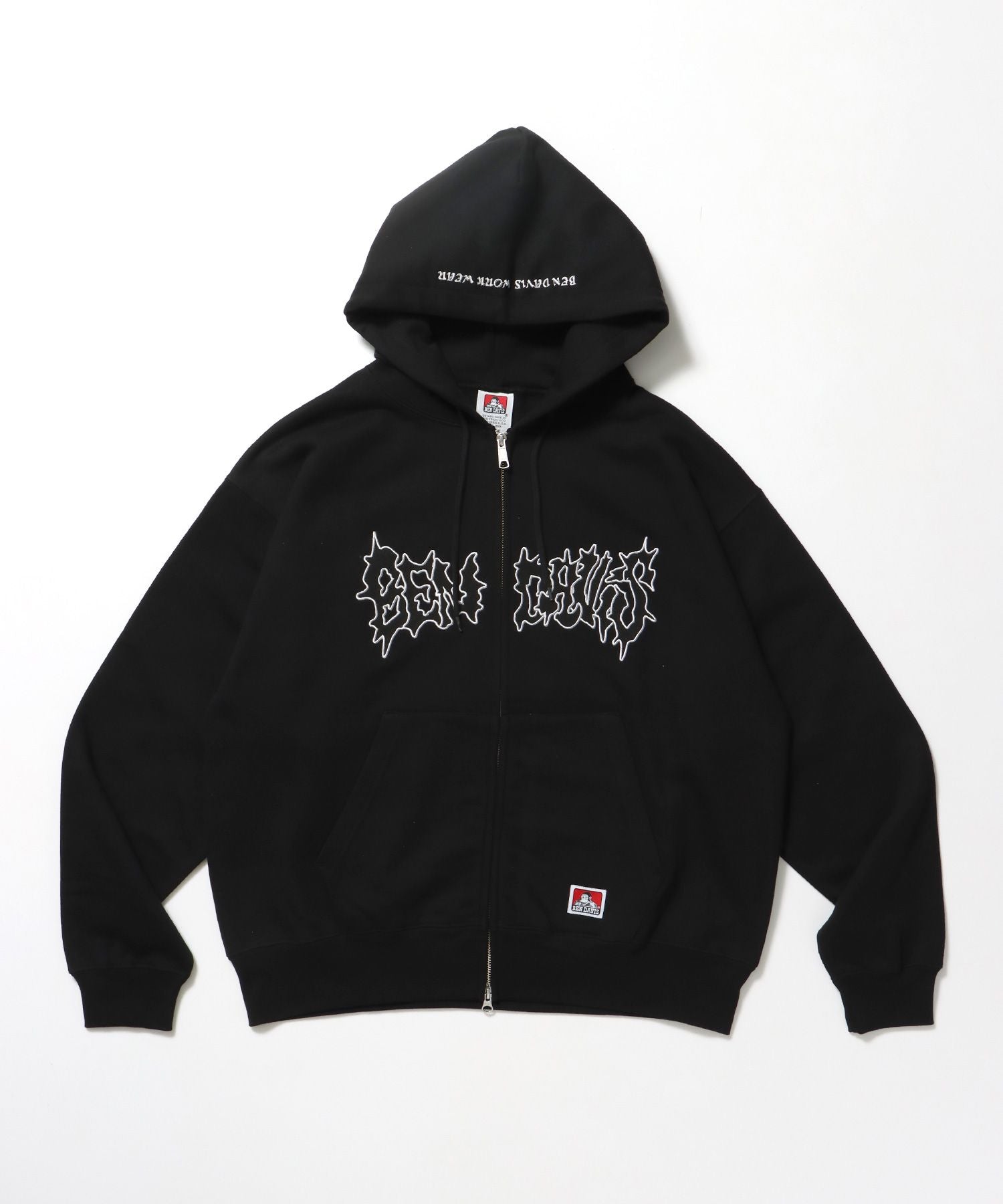 【BEN DAVIS(ベンデイビス)】JAGGED LOGO ZIP HOODIE /パーカー ジップパーカー ダブルジップ 短丈 刺繍 ブラック