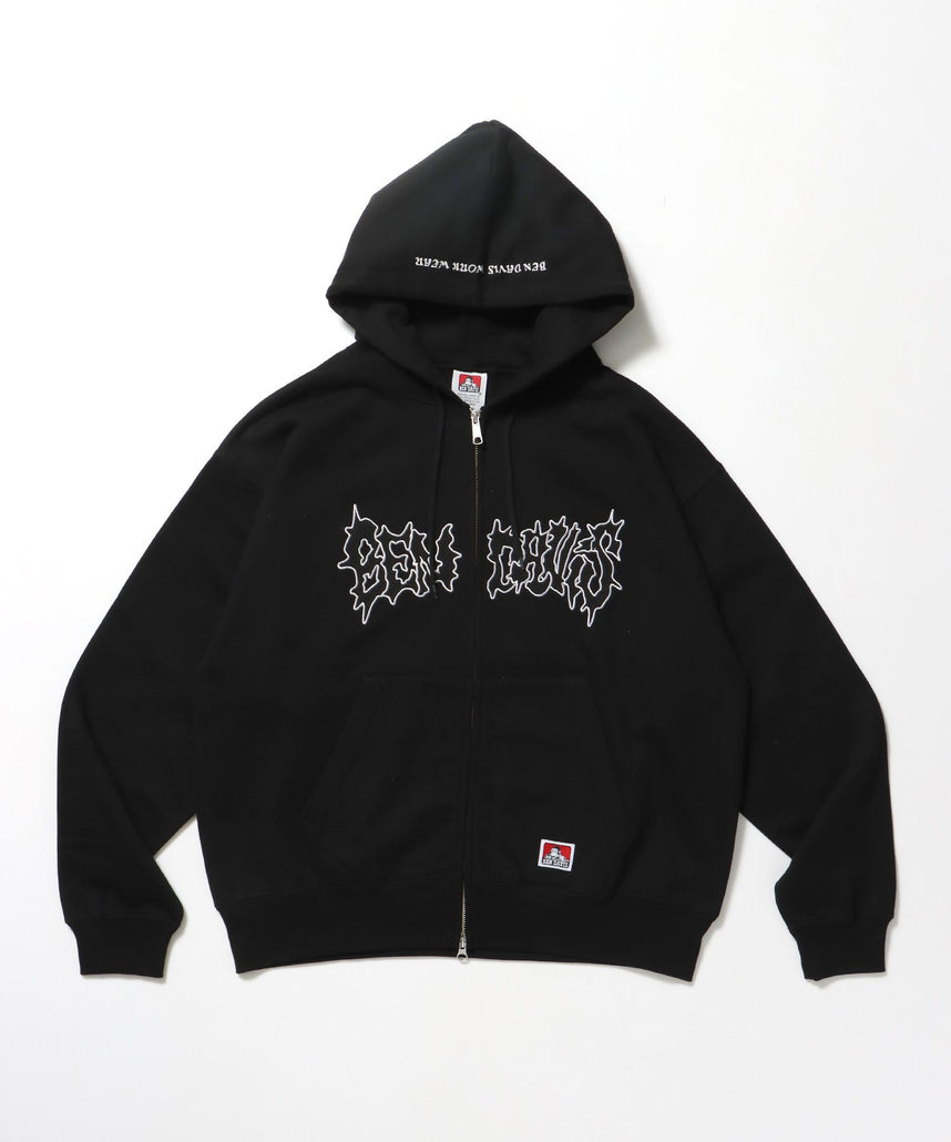 【BEN DAVIS(ベンデイビス)】JAGGED LOGO ZIP HOODIE /パーカー ジップパーカー ダブルジップ 短丈 刺繍 ブラック