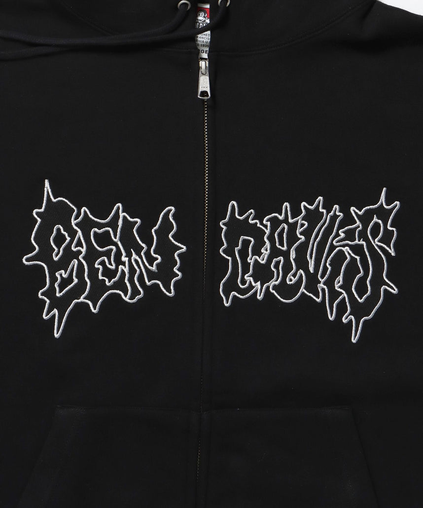 JAGGED LOGO ZIP HOODIE /パーカー ジップパーカー ダブルジップ 短丈 刺繍 ブラック