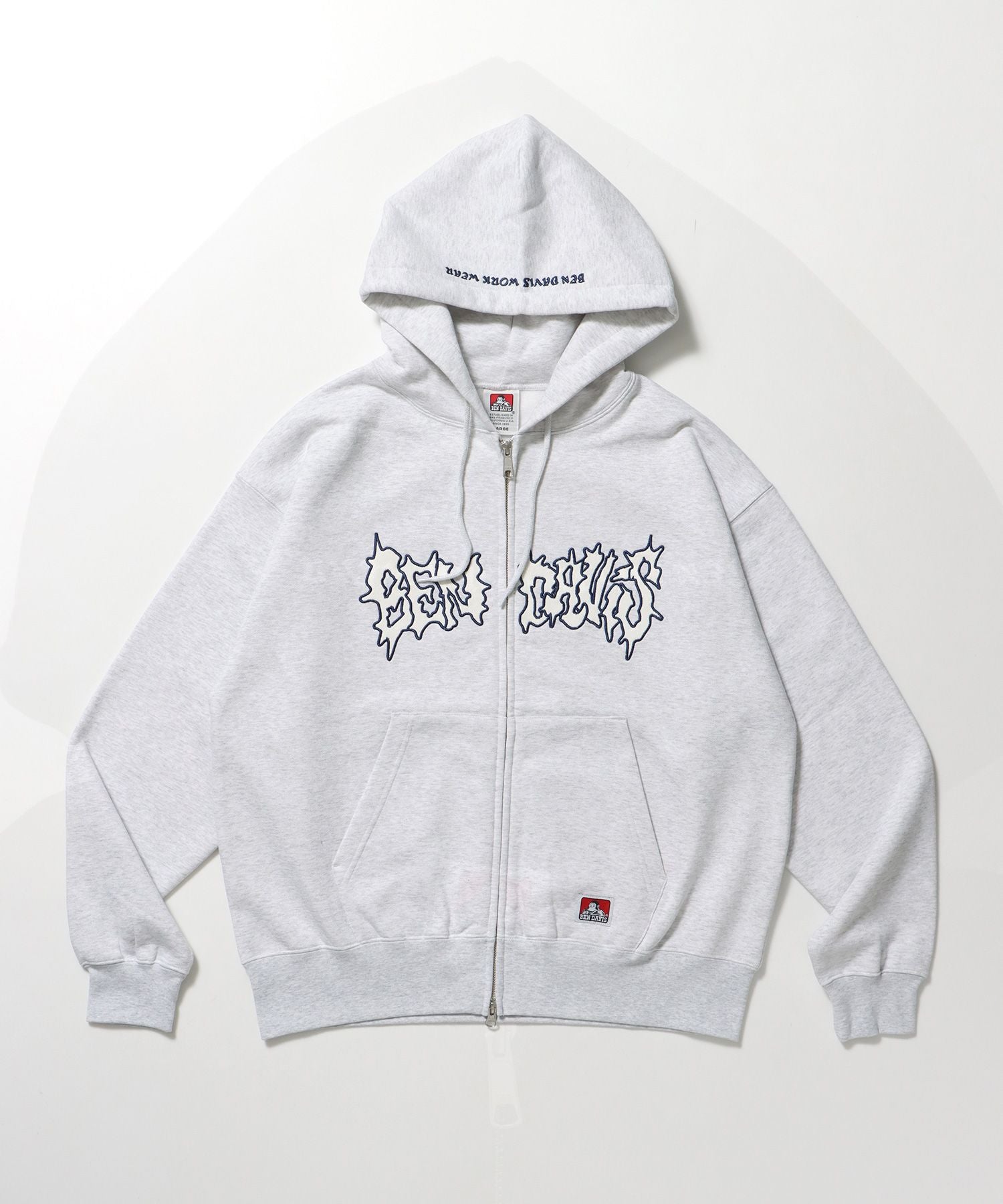 【BEN DAVIS(ベンデイビス)】JAGGED LOGO ZIP HOODIE /パーカー ジップパーカー ダブルジップ 短丈 刺繍 アッシュグレー