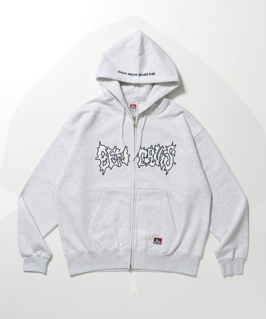 【BEN DAVIS(ベンデイビス)】JAGGED LOGO ZIP HOODIE /パーカー ジップパーカー ダブルジップ 短丈 刺繍 アッシュグレー