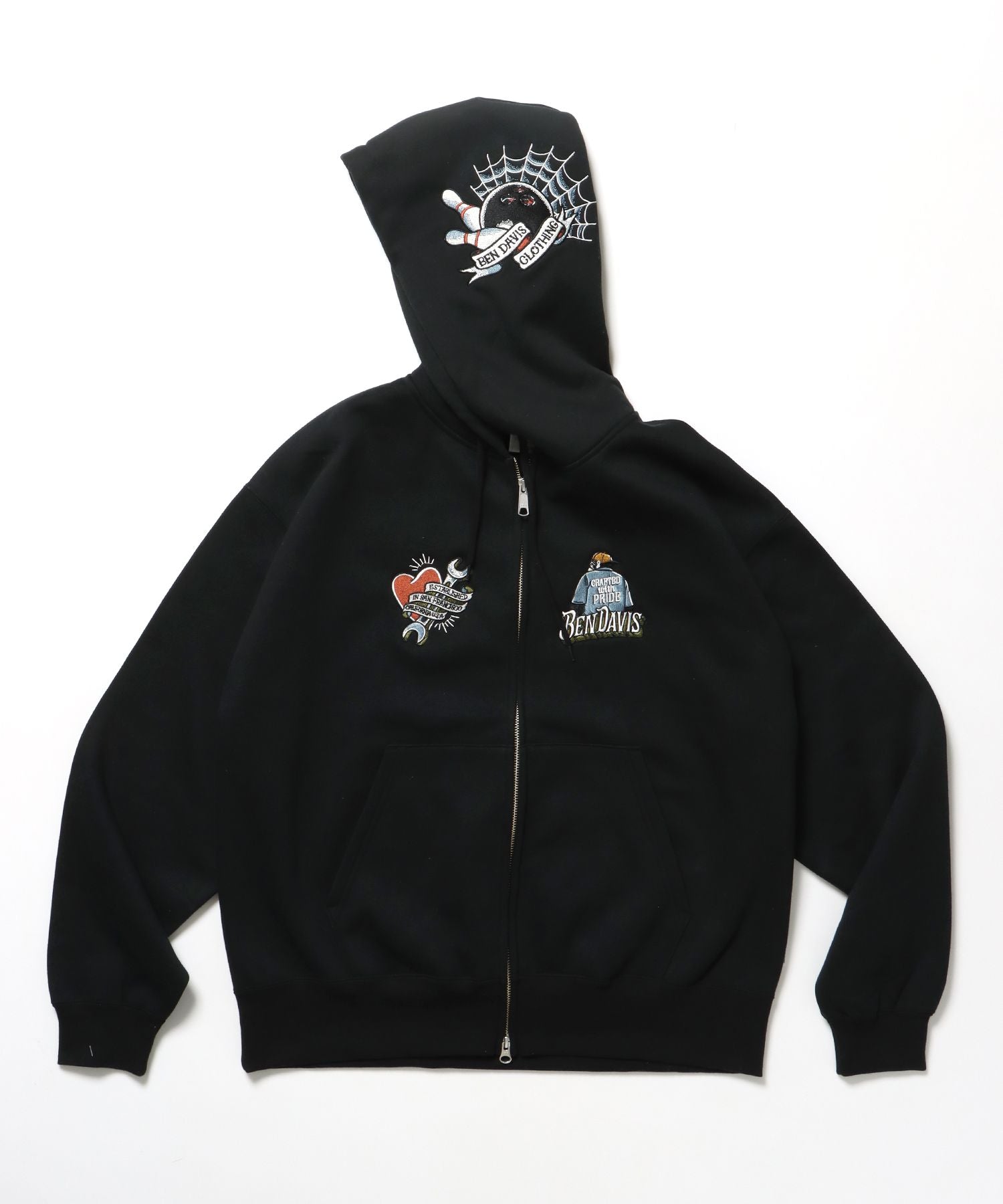 【BEN DAVIS(ベンデイビス)】SOUVENIR ZIP HOODIE /パーカー ジップパーカー ダブルジップ 短丈 刺繍 ブラック