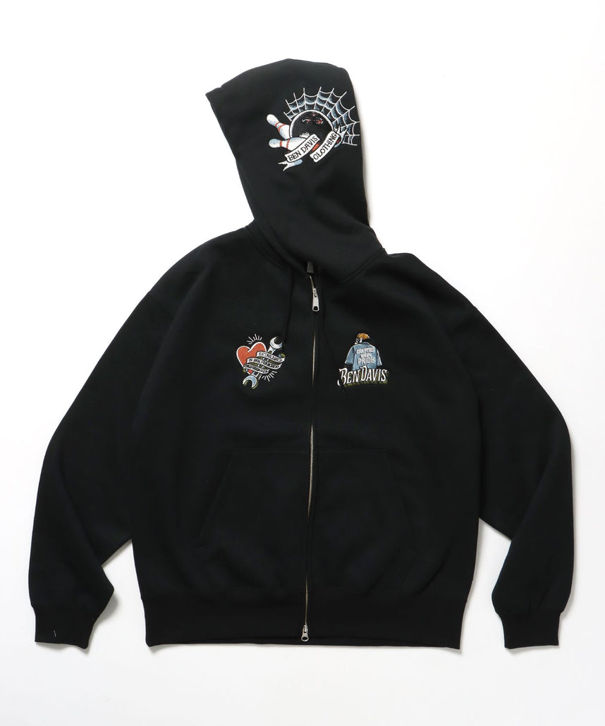 【BEN DAVIS(ベンデイビス)】SOUVENIR ZIP HOODIE /パーカー ジップパーカー ダブルジップ 短丈 刺繍 ブラック
