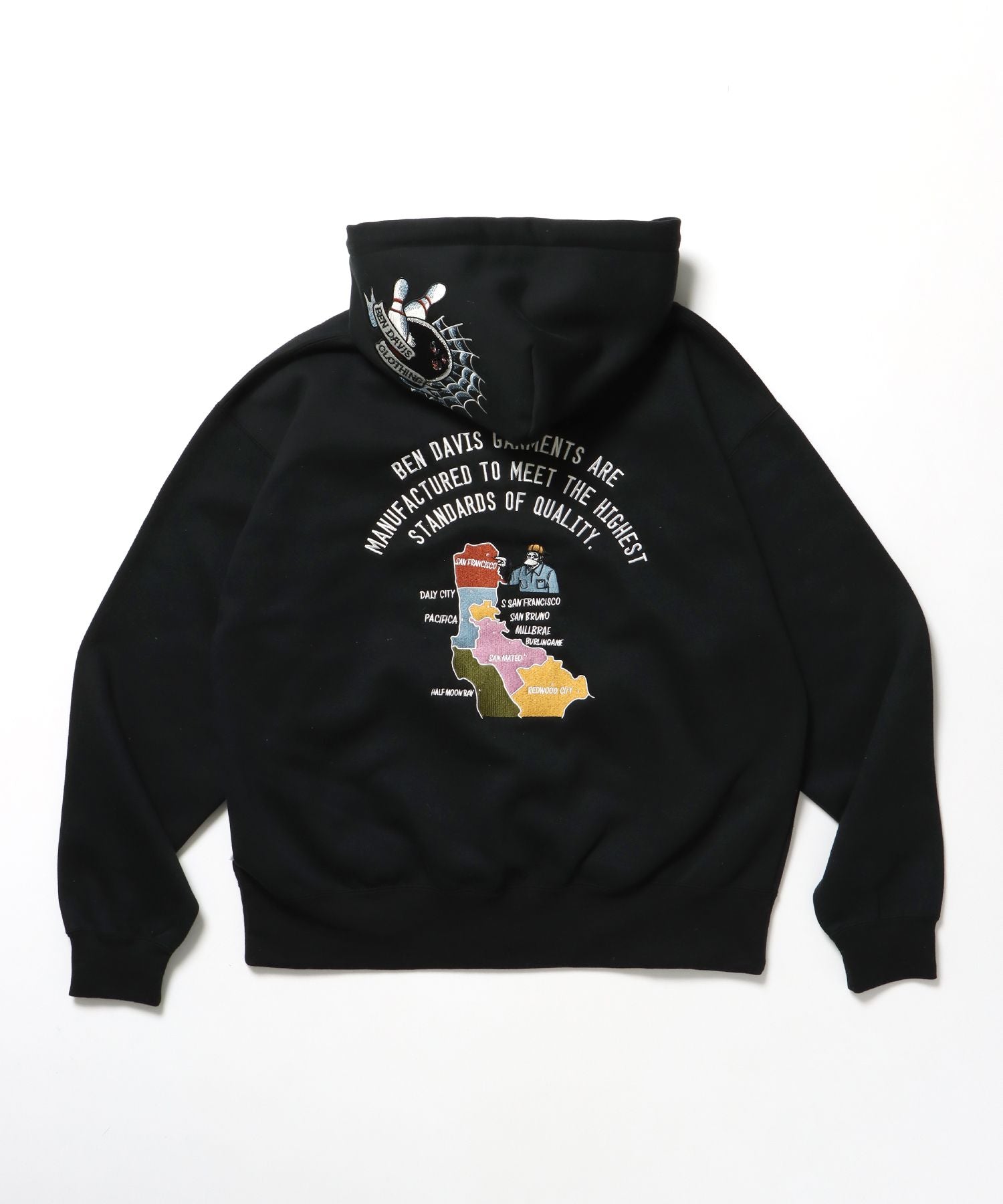 【BEN DAVIS(ベンデイビス)】SOUVENIR ZIP HOODIE /パーカー ジップパーカー ダブルジップ 短丈 刺繍 ブラック