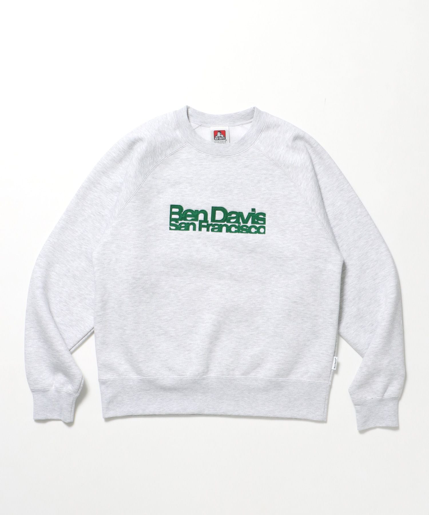 【BEN DAVIS(ベンデイビス)】CENTER LOGO RAGLAN CREW (70's FIT) / スウェット ラグラン クルーネック 刺繍 裏起毛 アッシュグレー
