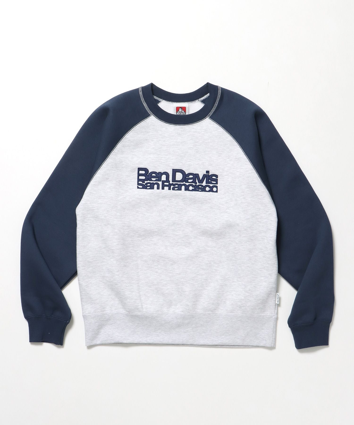 【BEN DAVIS(ベンデイビス)】CENTER LOGO RAGLAN CREW (70's FIT) / スウェット ラグラン クルーネック 刺繍 裏起毛 ブルーグレー