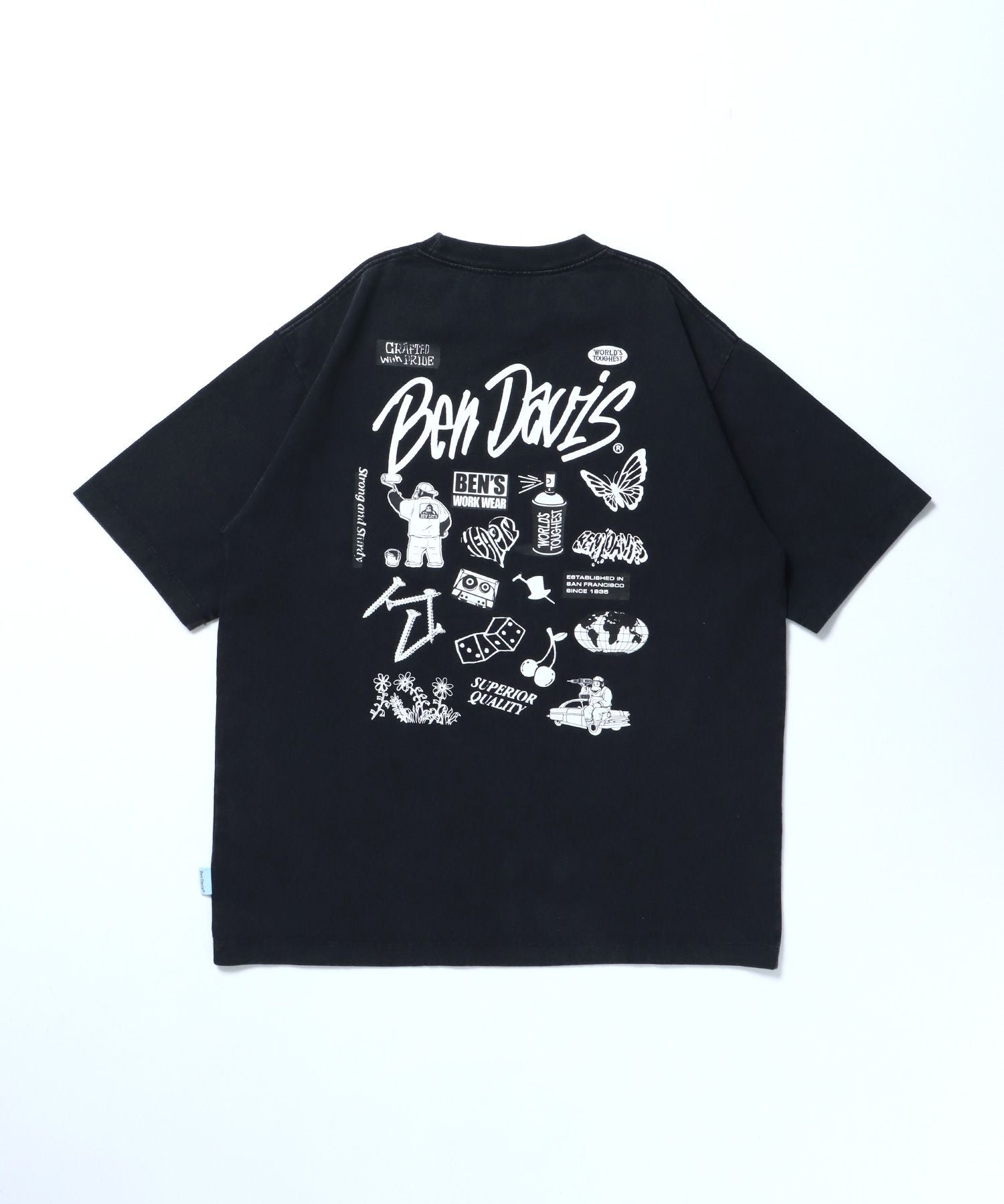【BEN DAVIS(ベンデイビス)】VARIOUS MOTIFS VNTG TEE / Tシャツ クルーネック 半袖 オーバーサイズ ワンポイント 加工 ブラック
